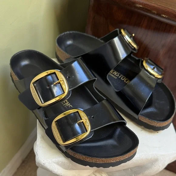 Birkenstock Arizona Black Sandals with big Gold Buckles - Picture 2 of 9
